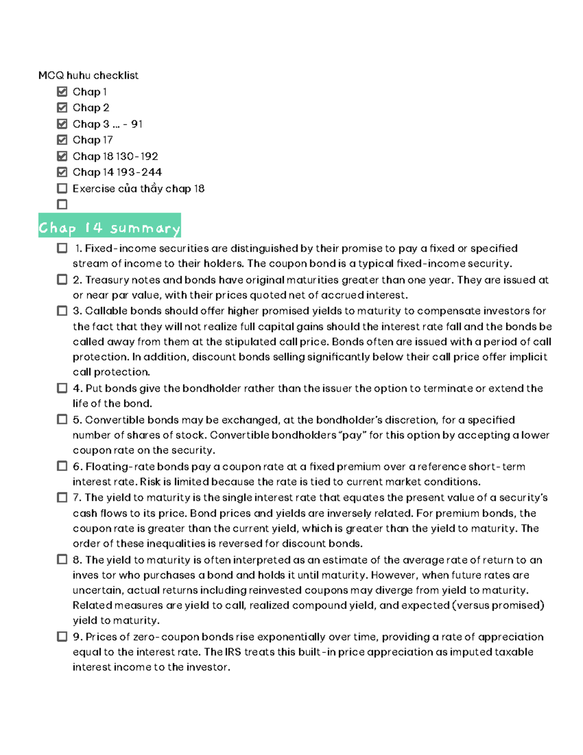 Summary Checklist for Final Exam - Course Code: FIN 101 - Studocu