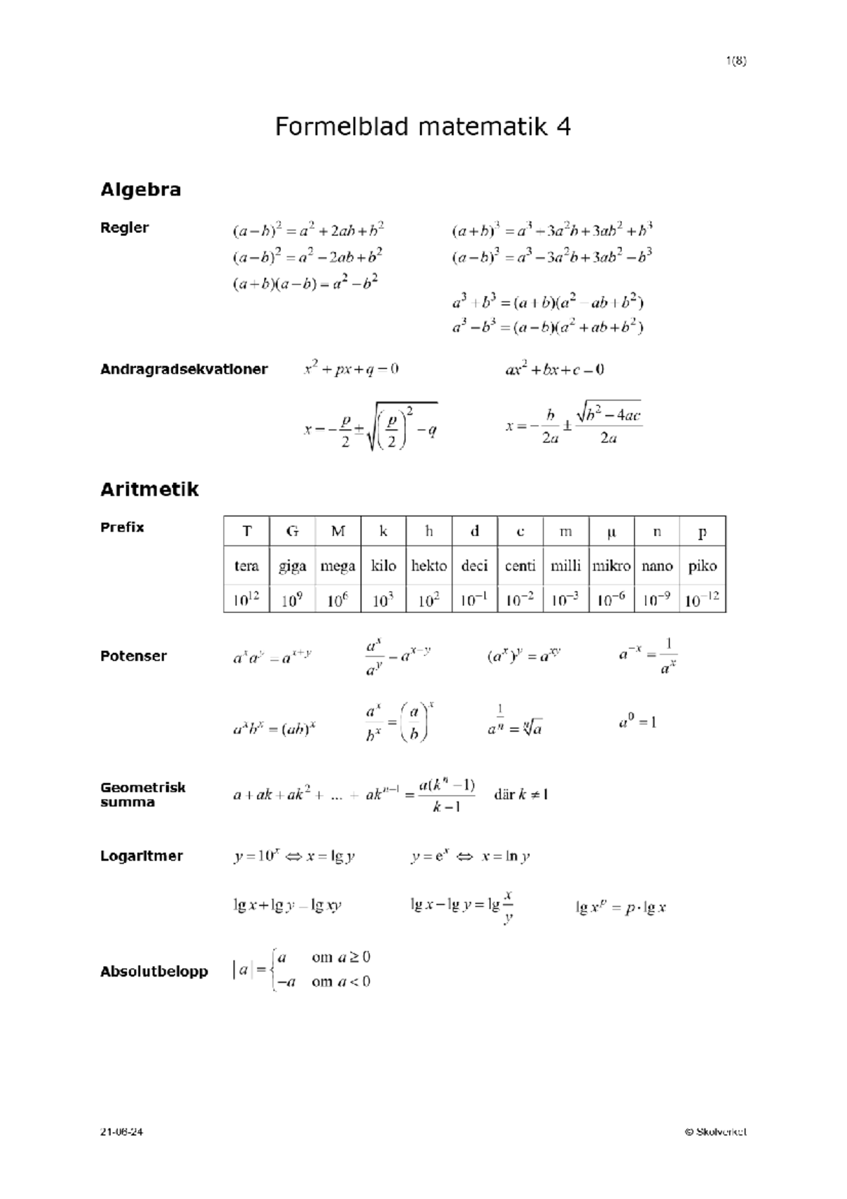 Nedladdning - Formelsamling för da bois. - 1(8) Formelblad matematik 4 ...