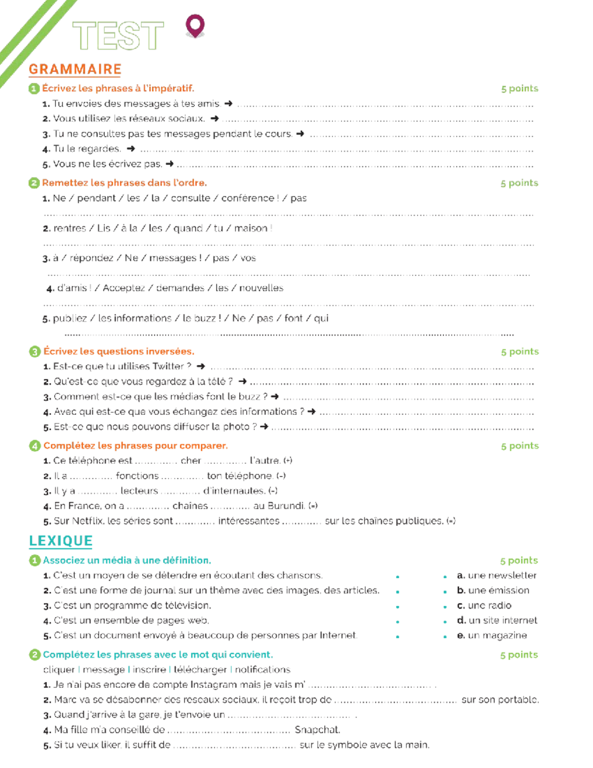 TEST 3A2 GRAMMAIRE: Phrases, Questions et Lexique - Studeersnel