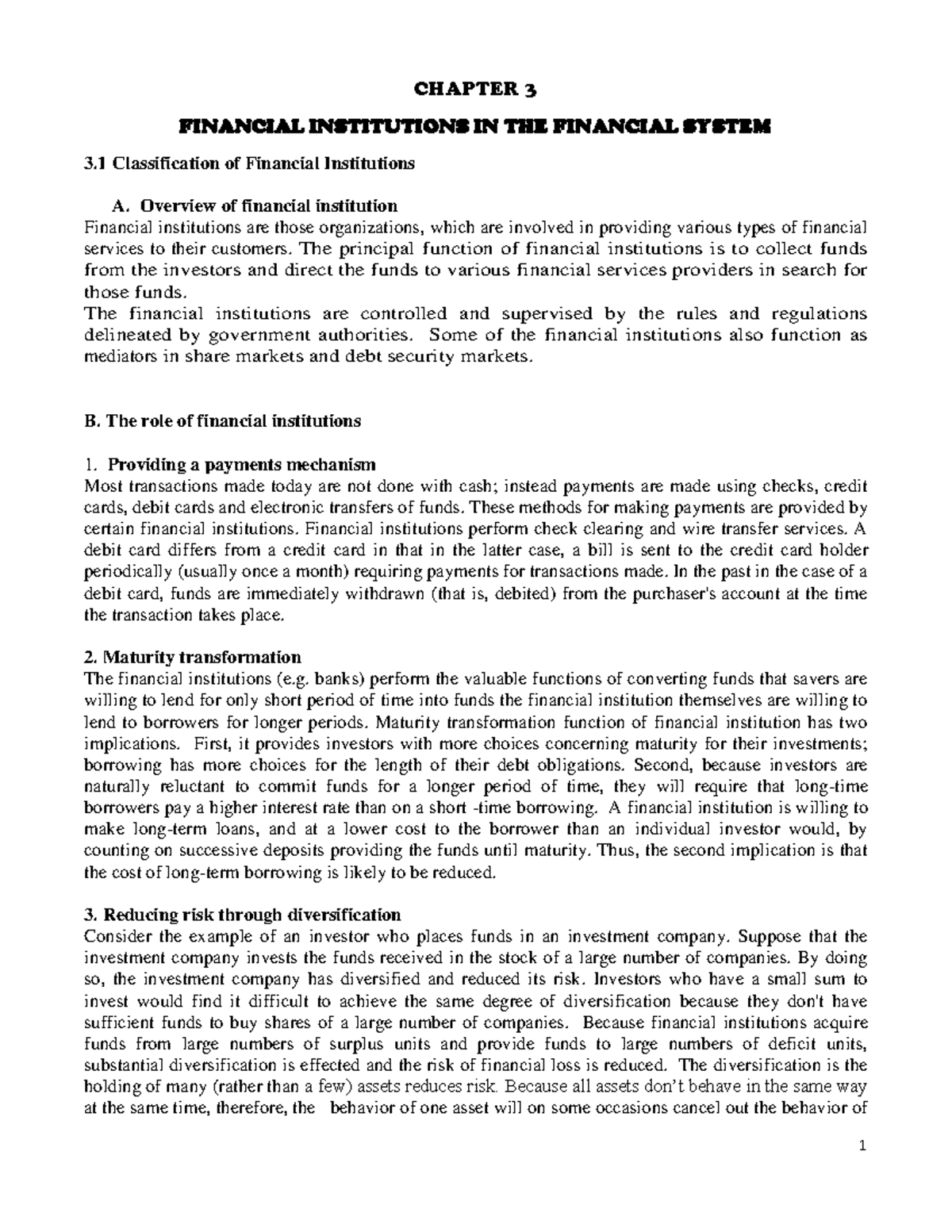 FMI CH 3: The Role and Classification of Financial Institutions - Studocu