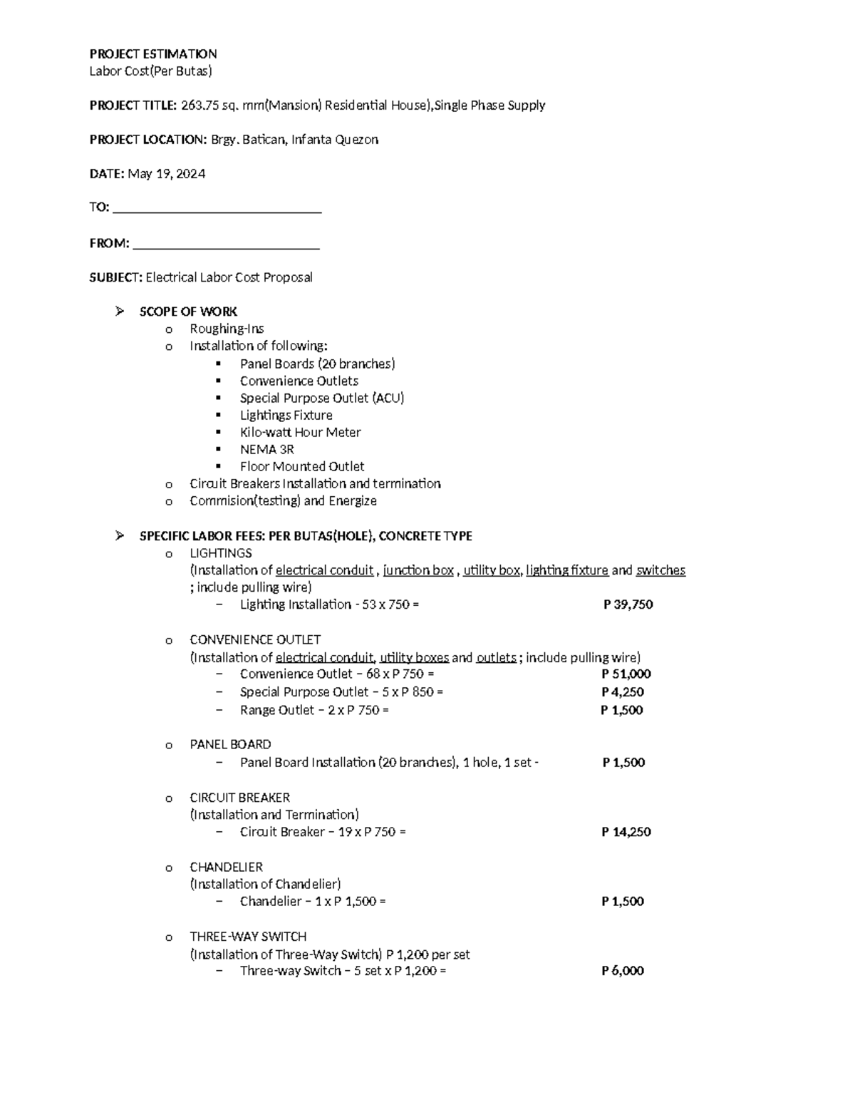 Labor Cost Estimation for 263 sq.mm Mansion (3 Phase) Project - Studocu