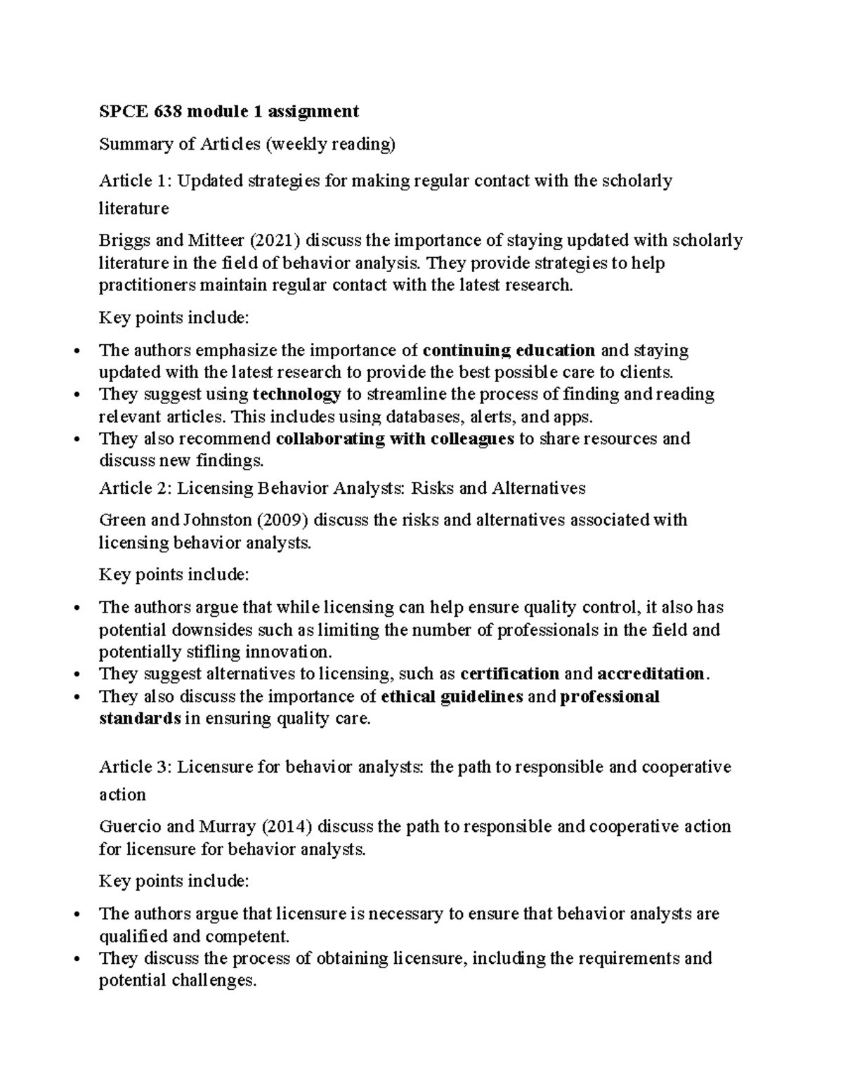 SPCE 638 Module 1 Assignment: Summary of Key Articles on Behavior ...