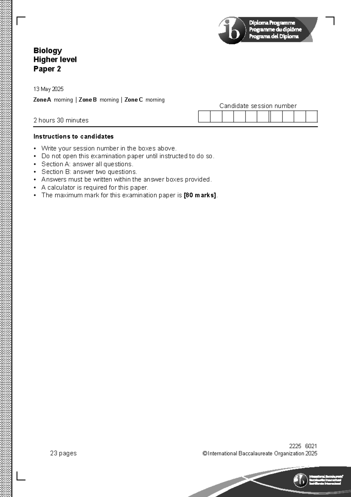 Biology HL Paper 2 Exam Guide - Zone B (May 2025) - Studocu