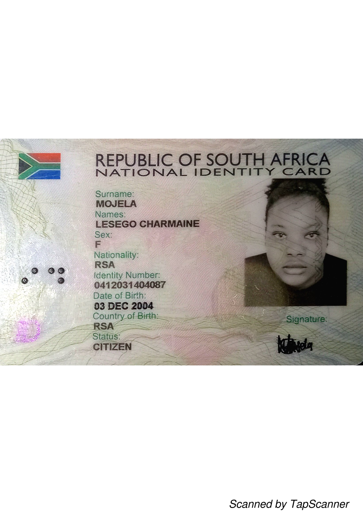 Identification Document - REPUBLIC OF SOUTH AFRICA NATIONAL IDENTITY ...