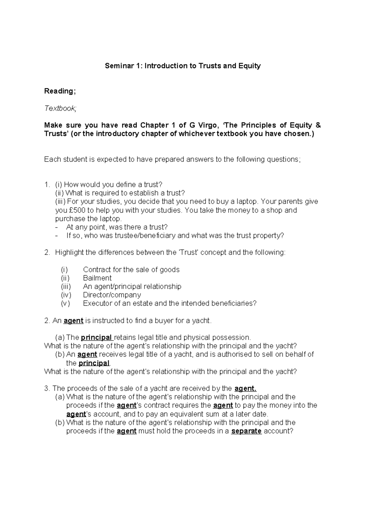 Trust Seminar 1 - Seminar 1: Introduction to Trusts and Equity Reading ...