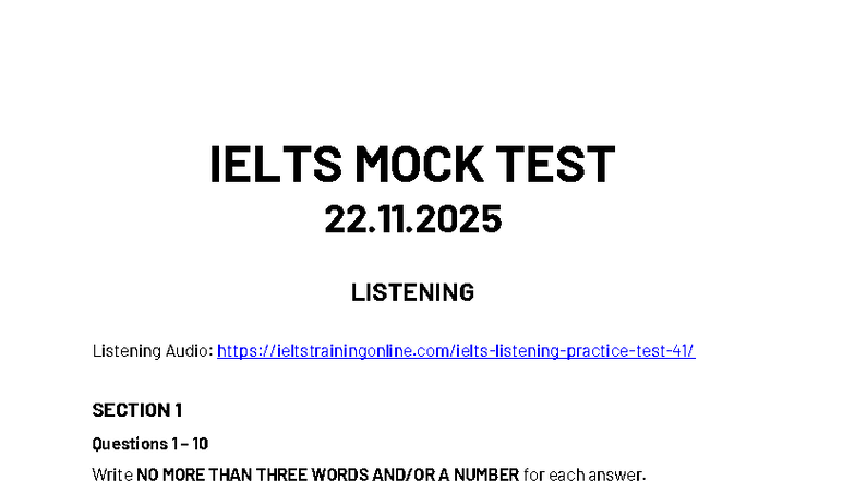IELTS MOCK TEST 22.11.2025: Listening & Reading Practice - Studocu