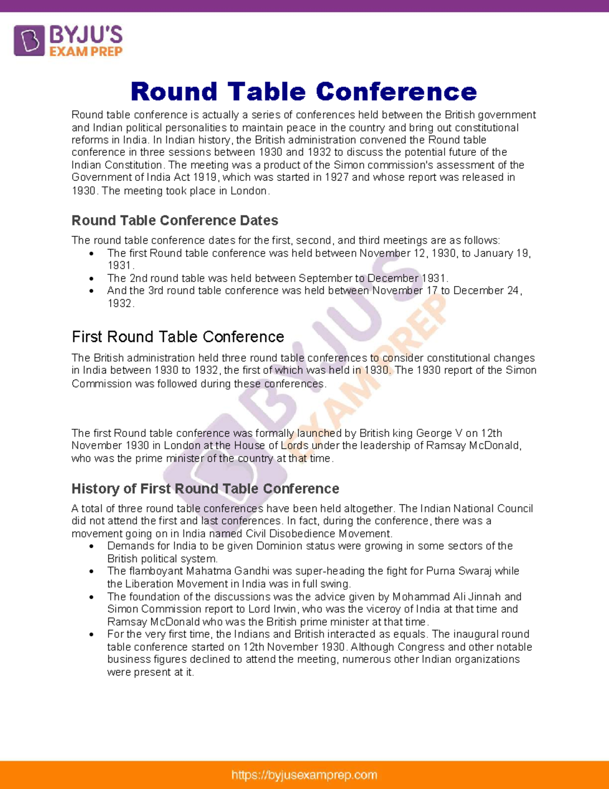 Round Table Conference UPSC Notes: Key Events & Outcomes - Studocu