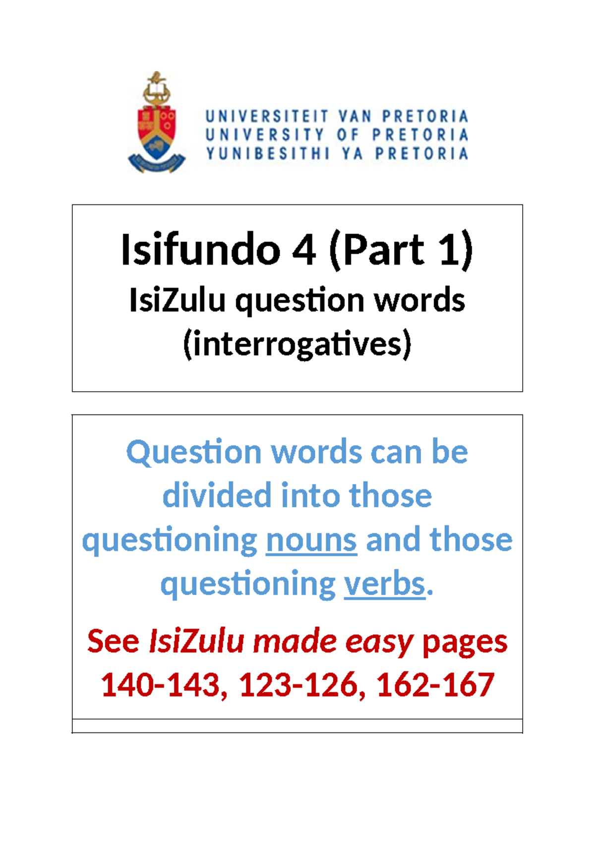 Isifundo 4 - Part 1: IsiZulu Question Words (Interrogatives) - Studocu