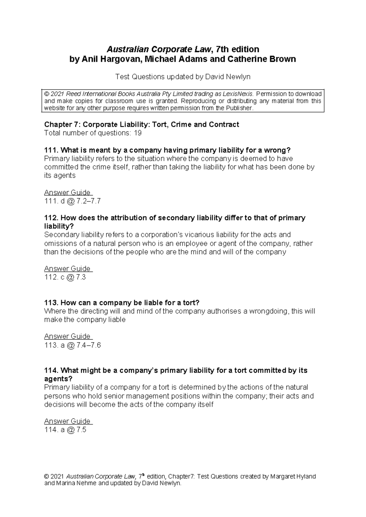 Chapter 7 Q&A on Corporate Liability: Tort, Crime, & Contracts (ACL ...