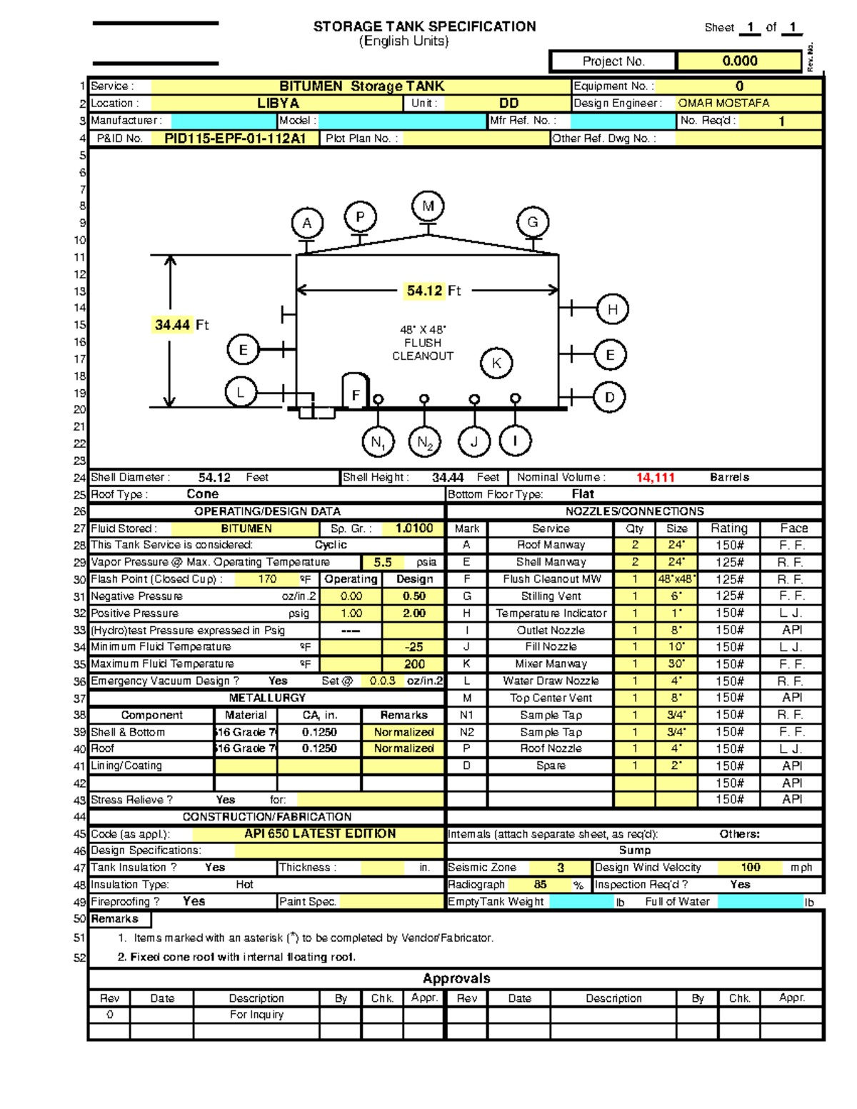 Storage Tank Specifications for BITUMEN - Unit LIA 1 - Studocu