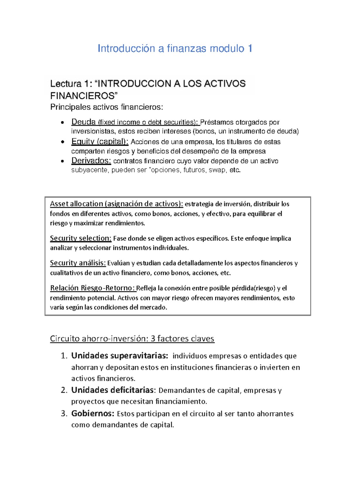 Finanzas Módulo 1: Activos y Riesgos en Inversiones - Studocu