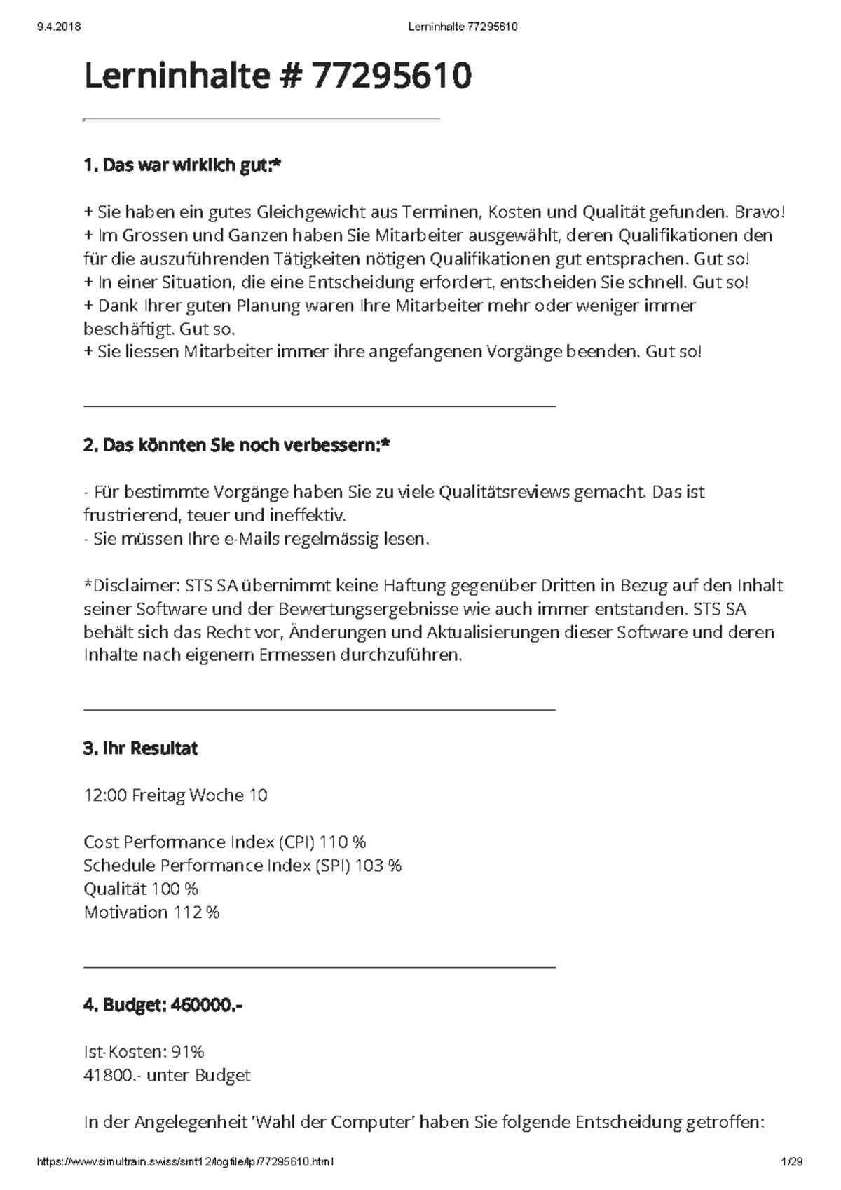Lerninhalte zur Projektmanagement-Simulation (Kurscode: SimulTrain ...