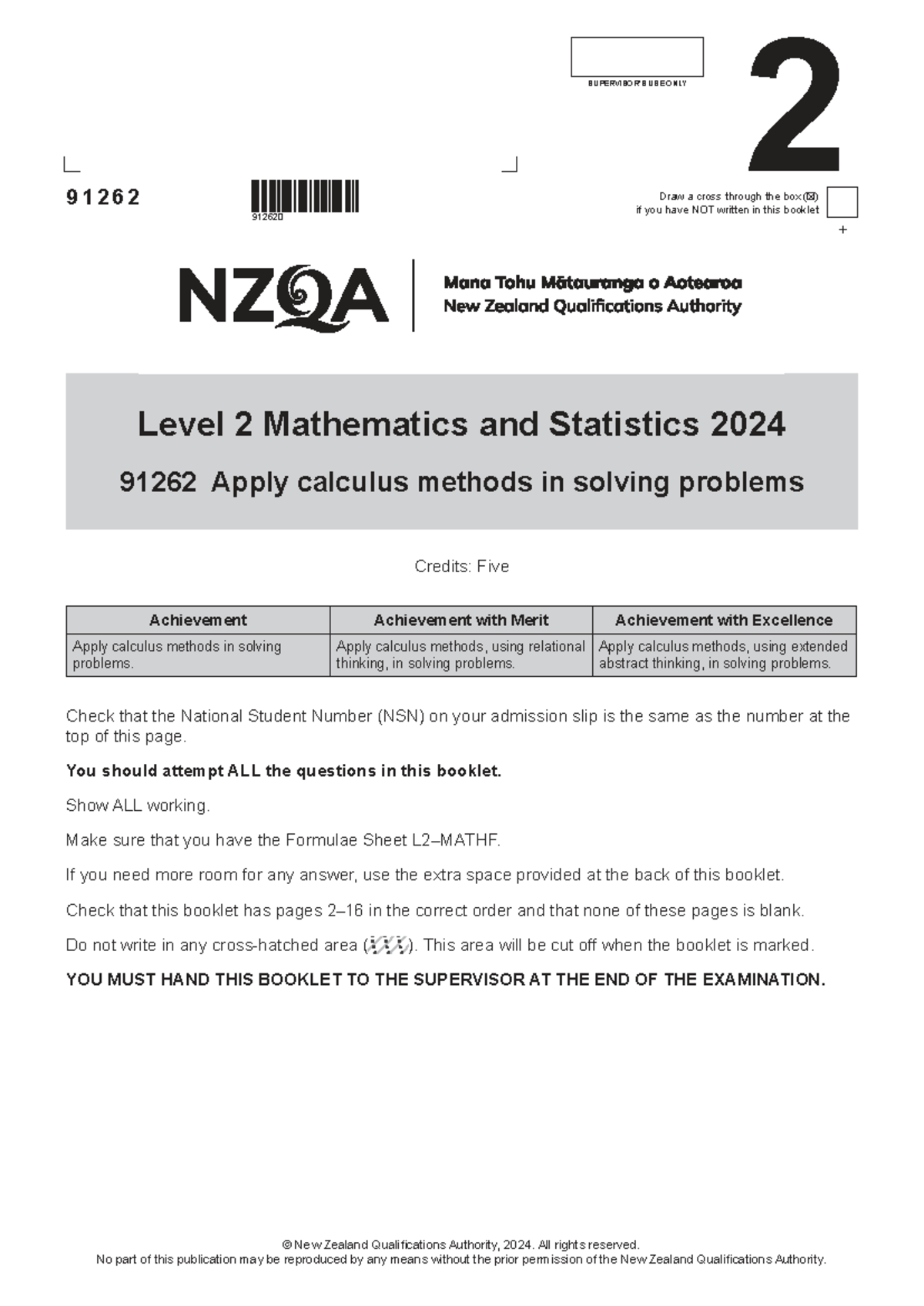 Mathematics and Statistics 91262 Level 2 Exam 2024: Calculus Problems ...