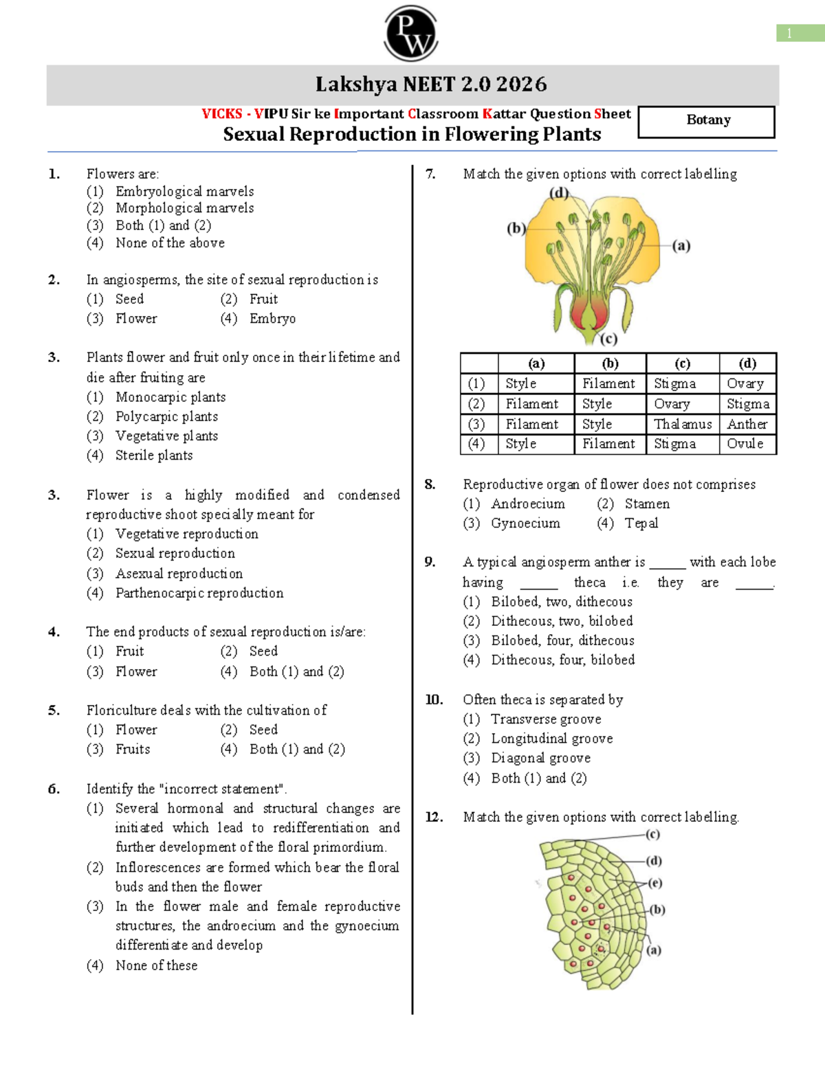 1 Lakshya NEET 2.0 2026 Important Questions on Sexual Reproduction in ...