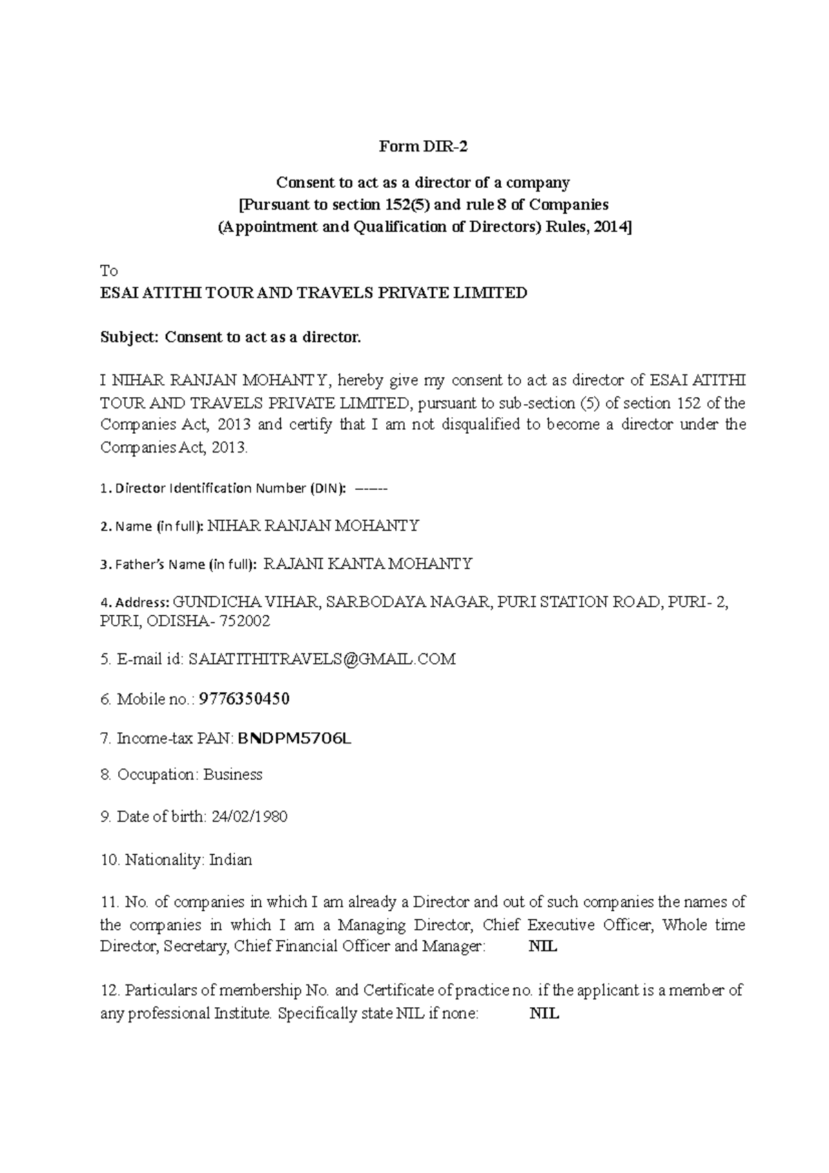 Consent to Act as Director - Nihar Ranjan Mohanty - Legal Document ...