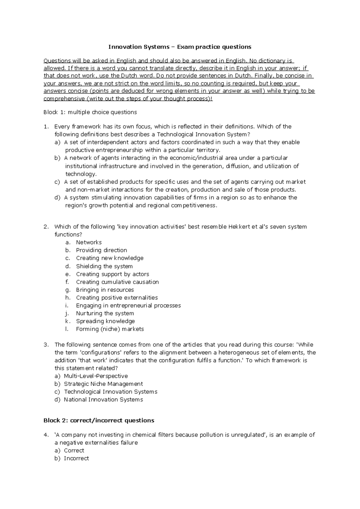Innovation Systems – Exam Practice Questions 2022-2023 - Studeersnel