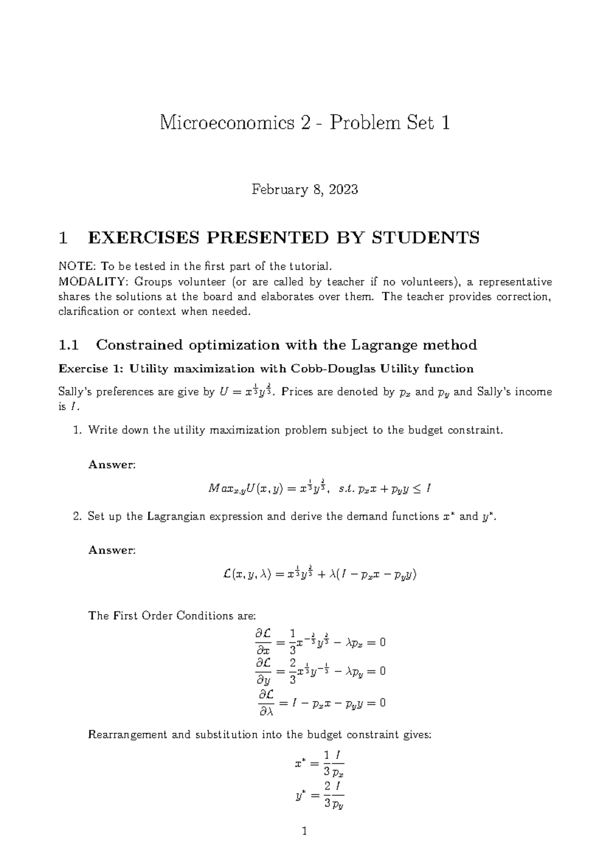 Micro 2 Problem Set 1 with Solutions - February 2023 - Studeersnel
