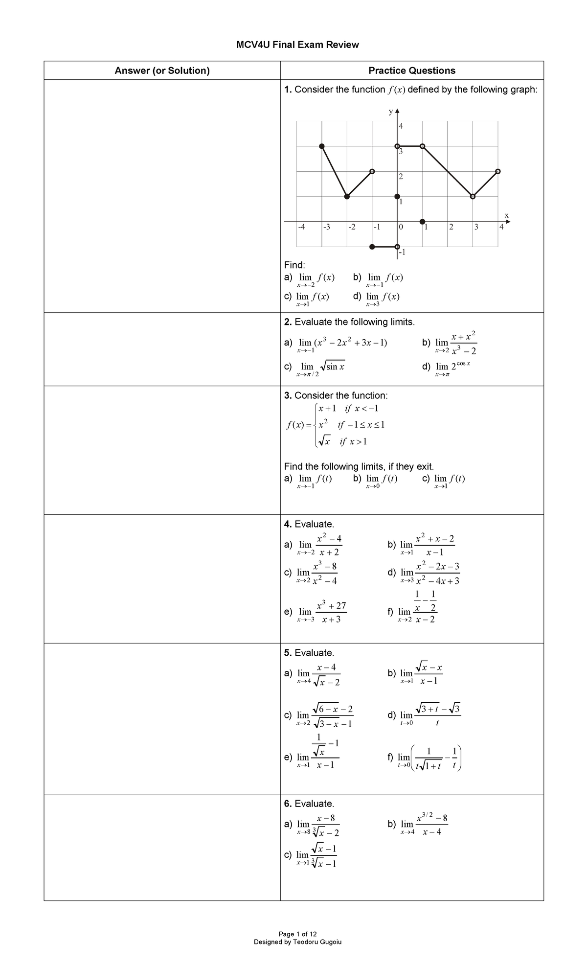 MCV4U Final Exam Review - Page 1 of 12 MCV4U Final Exam Review Answer ...