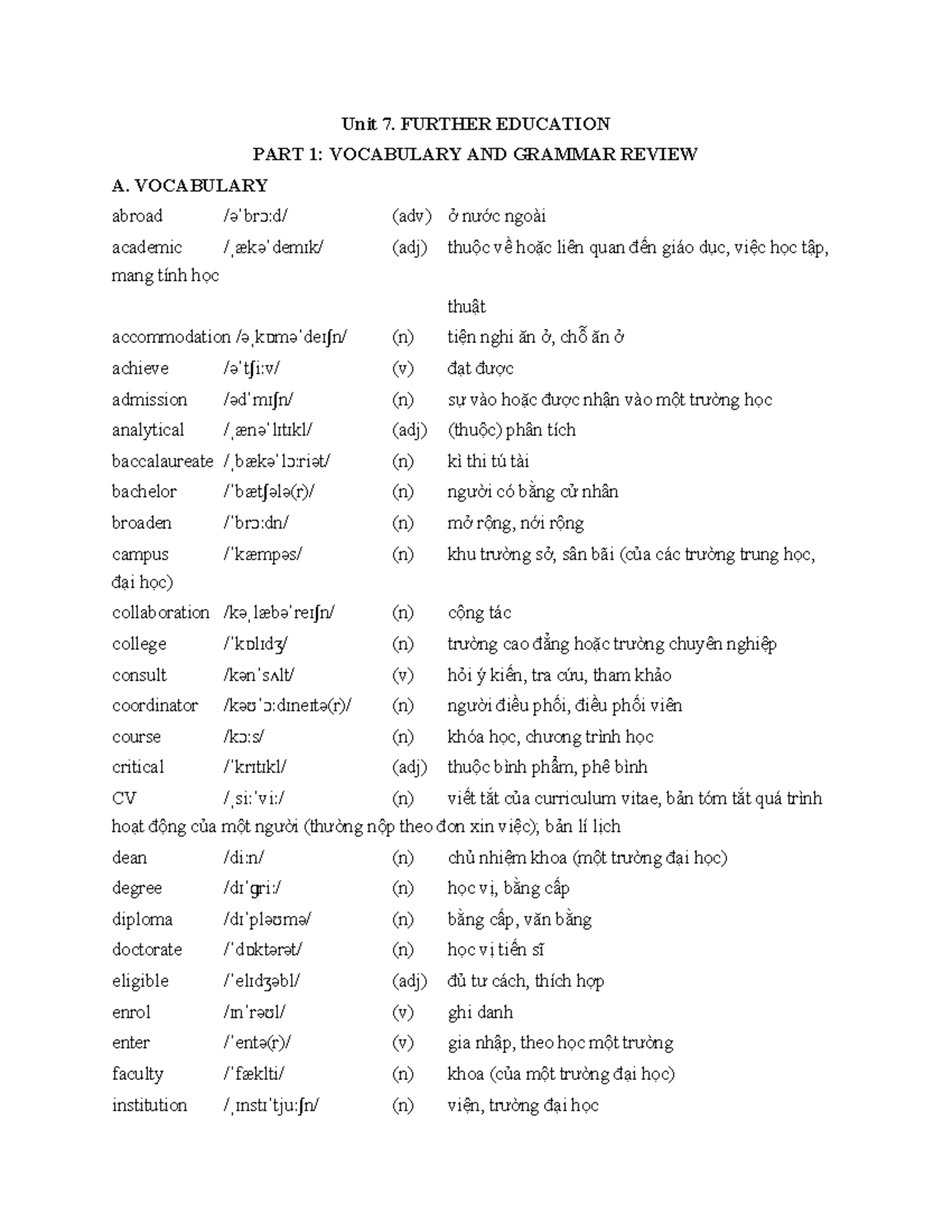 Unit 7: Vocabulary and Grammar Review for Further Education - Studocu