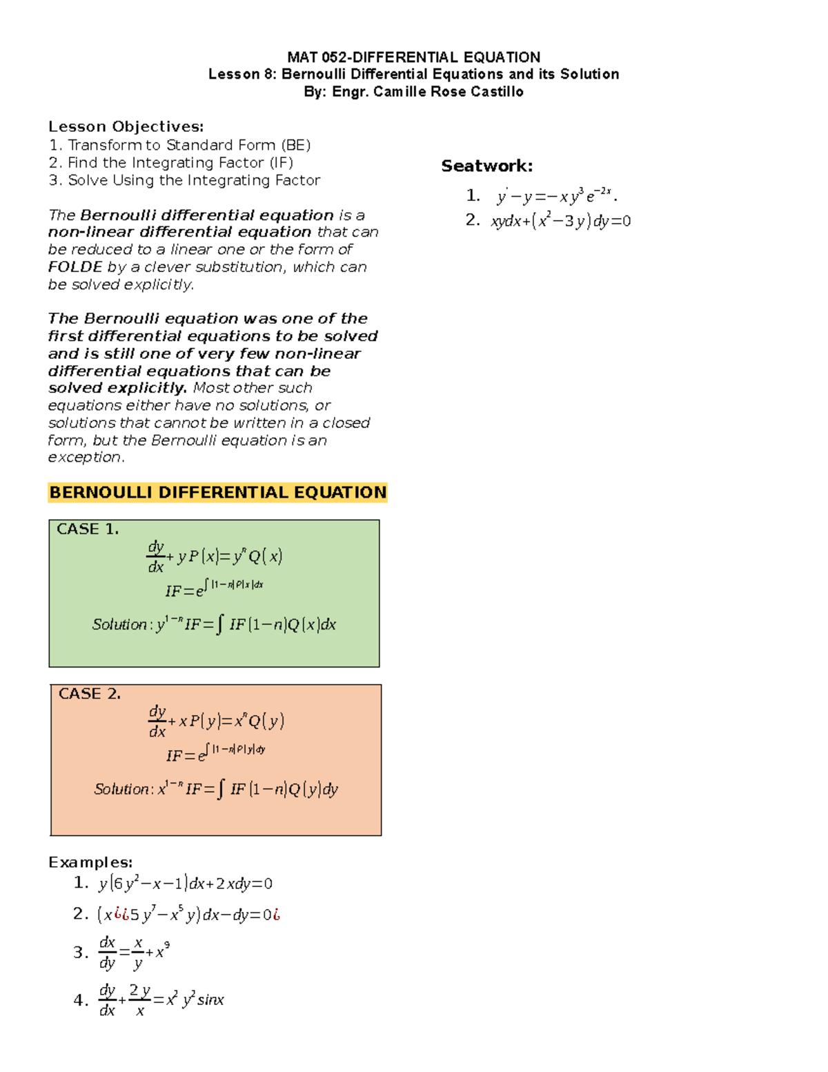 MAT EQUATION Lesson 8: Bernoulli Differential Equations Explained - Studocu