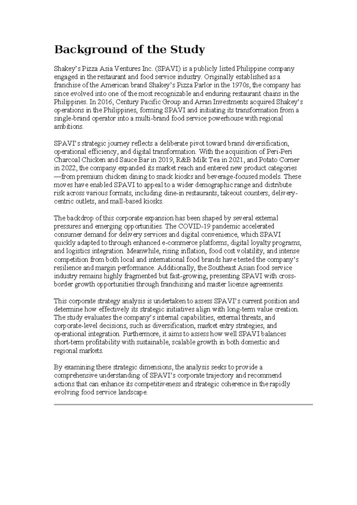 SPAVI Corporate Strategy Analysis: Background of the Study - Studocu