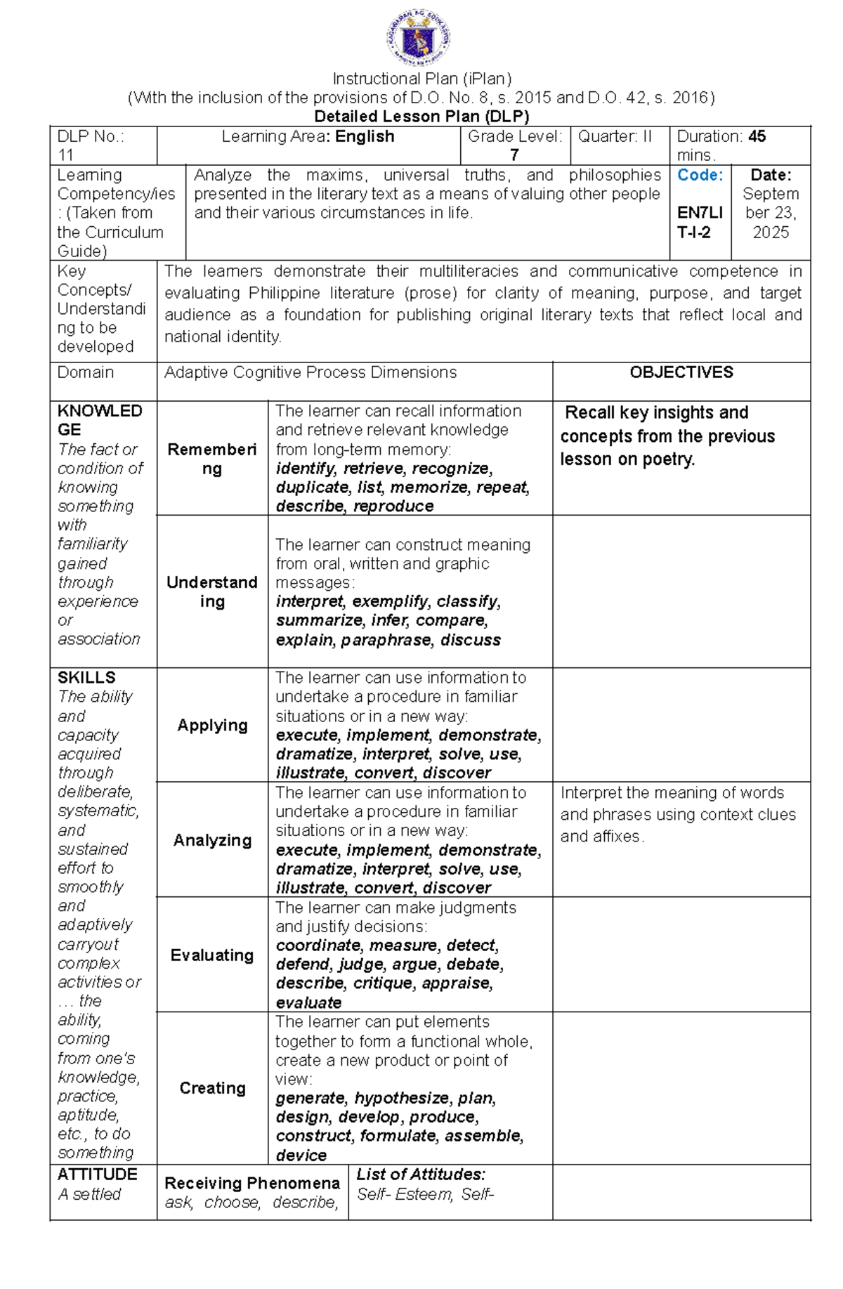 DLP 2: Detailed Lesson Plan on Analyzing Literary Texts in English ...