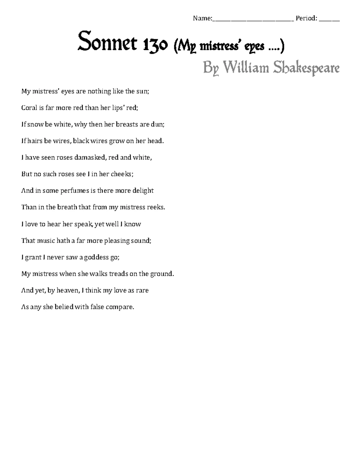 Sonnet 29 - Name: Period: ______ Sonnet 29 (When in disgrace