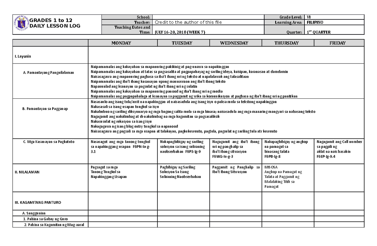 DLL Filipino 6 Q1 W7 - Weekly Lesson Plan for Grade VI - Studocu