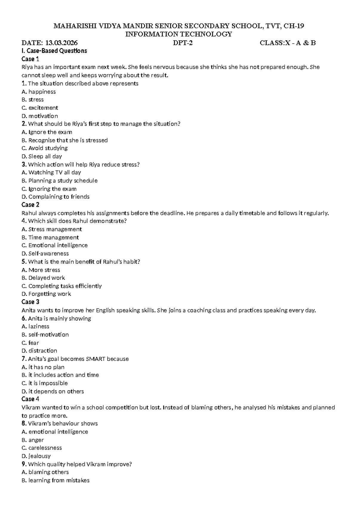 Class 10 Employability Skills: Self-Management Skills MCQs - Studocu