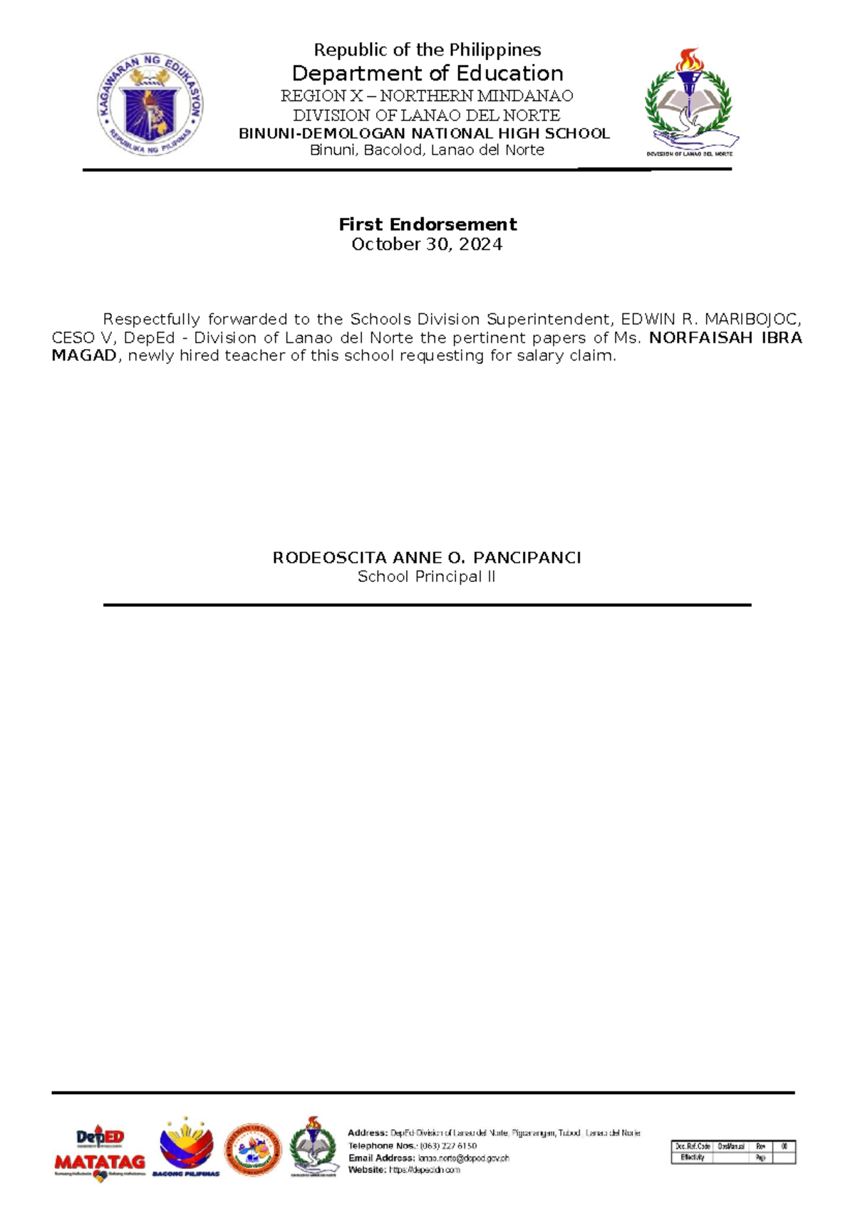 First Endorsement - kajshjaendw - Republic of the Philippines ...