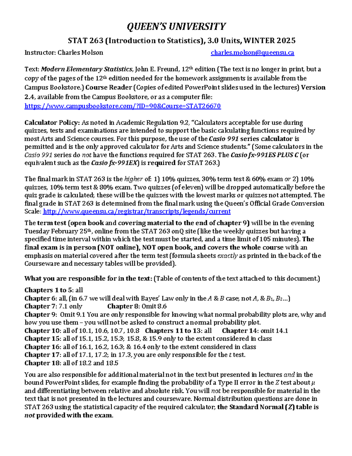 STAT 263 Course Outline: Introduction to Statistics WINTER 2025 - Studocu