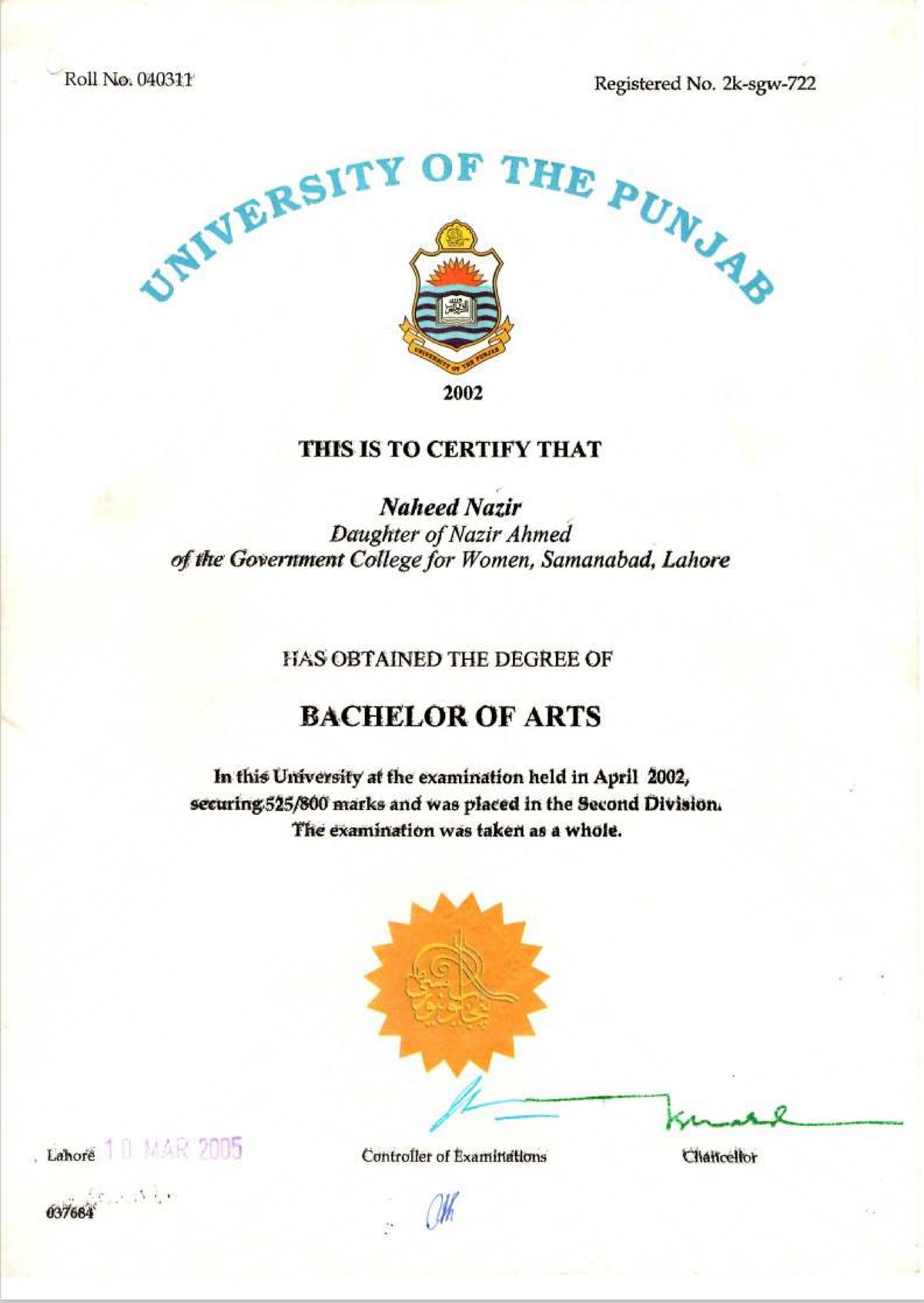 BA Degree Certificate - Naheed Nazir - PUNJAS UNIVERSITY 2002 - Studocu