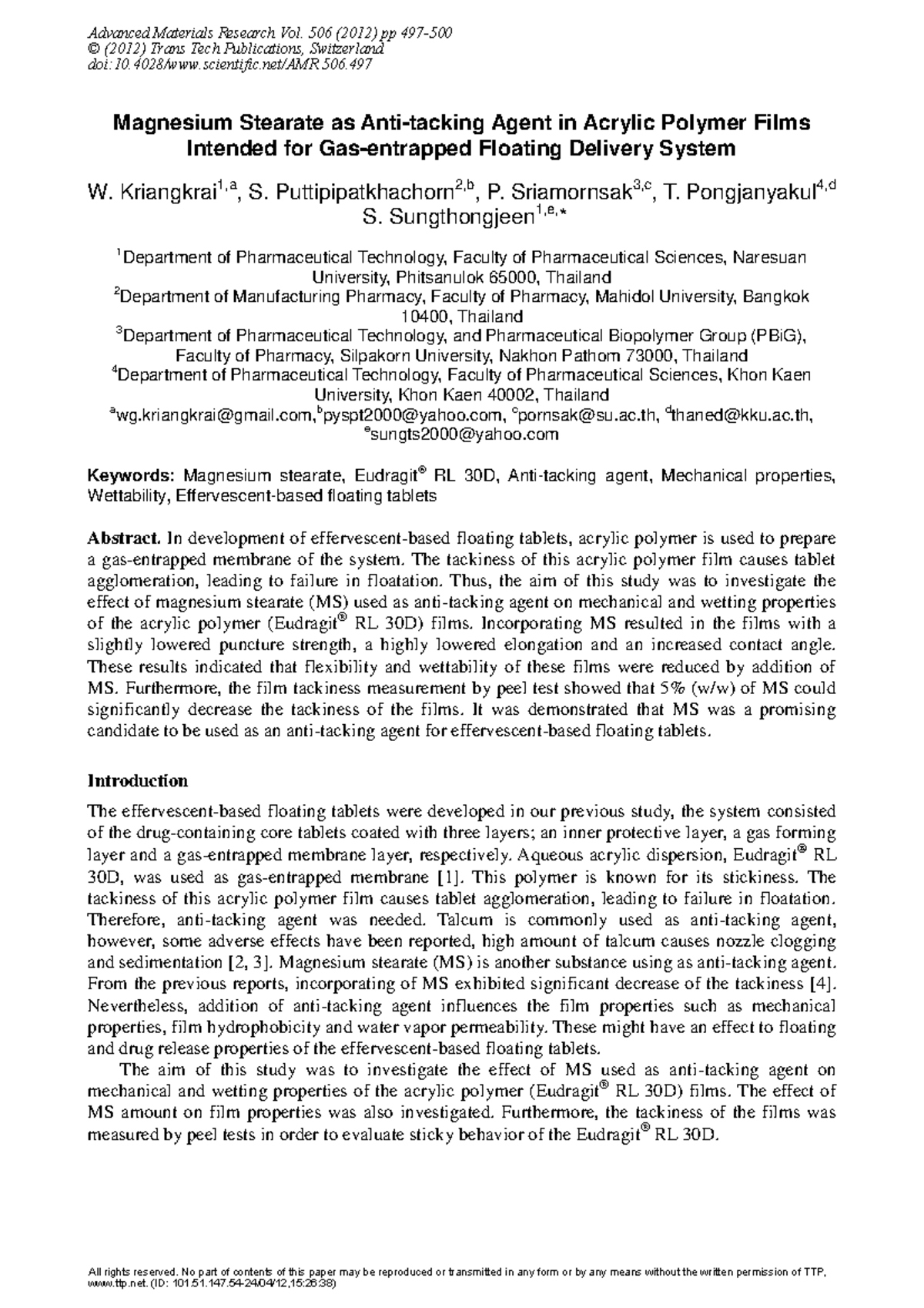 Magnesium Stearate as Anti-Tacking Agent in Acrylic Polymer Films - Studocu