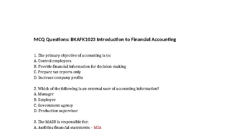MCQ Questions: BKAFK1023 Intro to Financial Accounting 1 Exam Prep ...