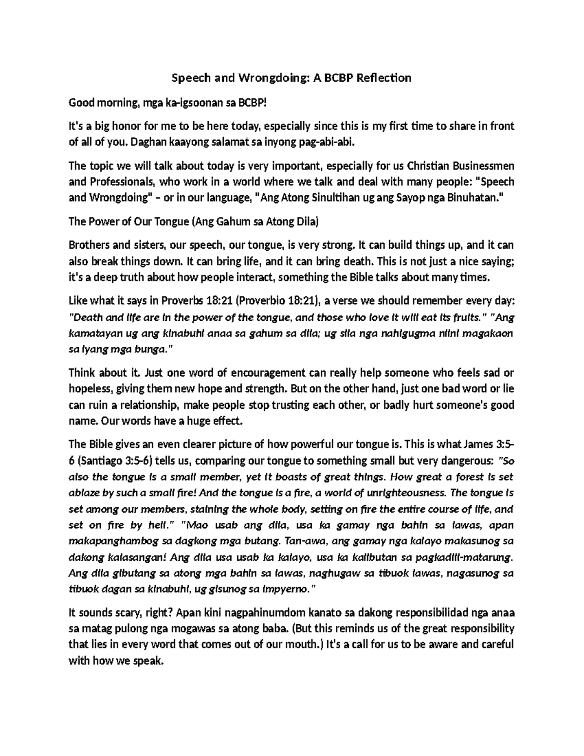 BCBP Reflection: The Power of Speech and Wrongdoing - Studocu