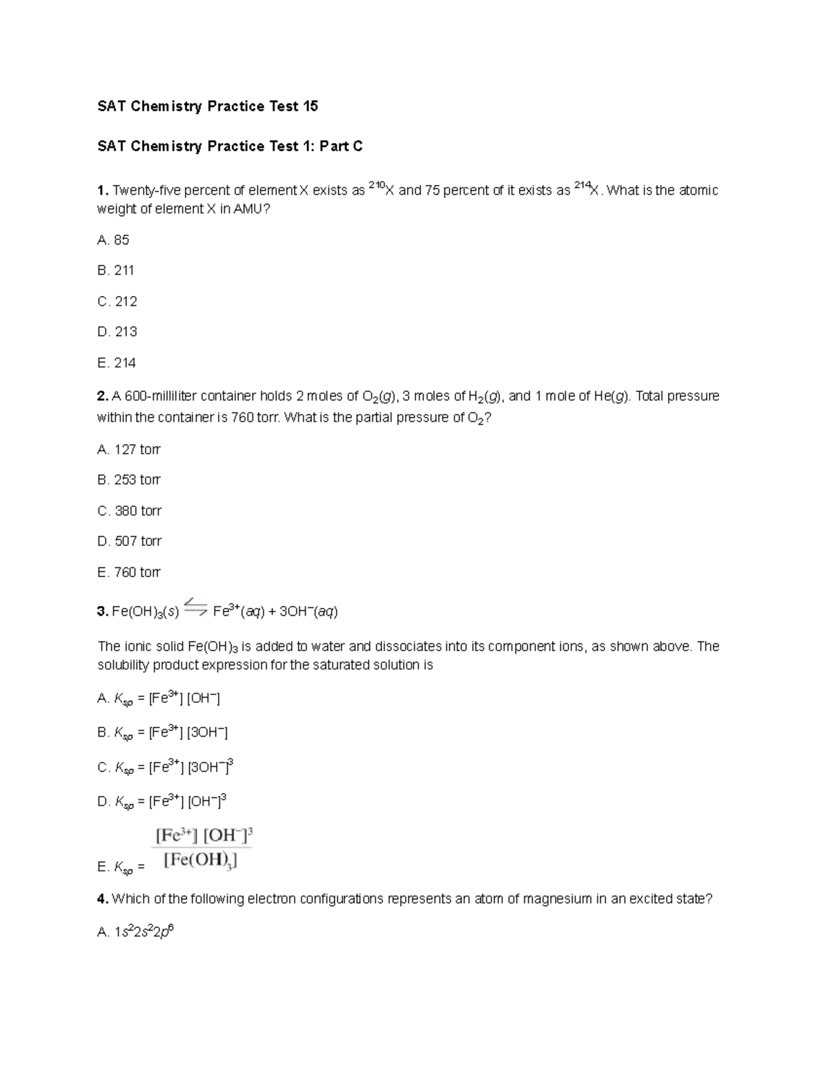 SAT Chemistry Practice Test 15: Comprehensive Questions and Answers ...