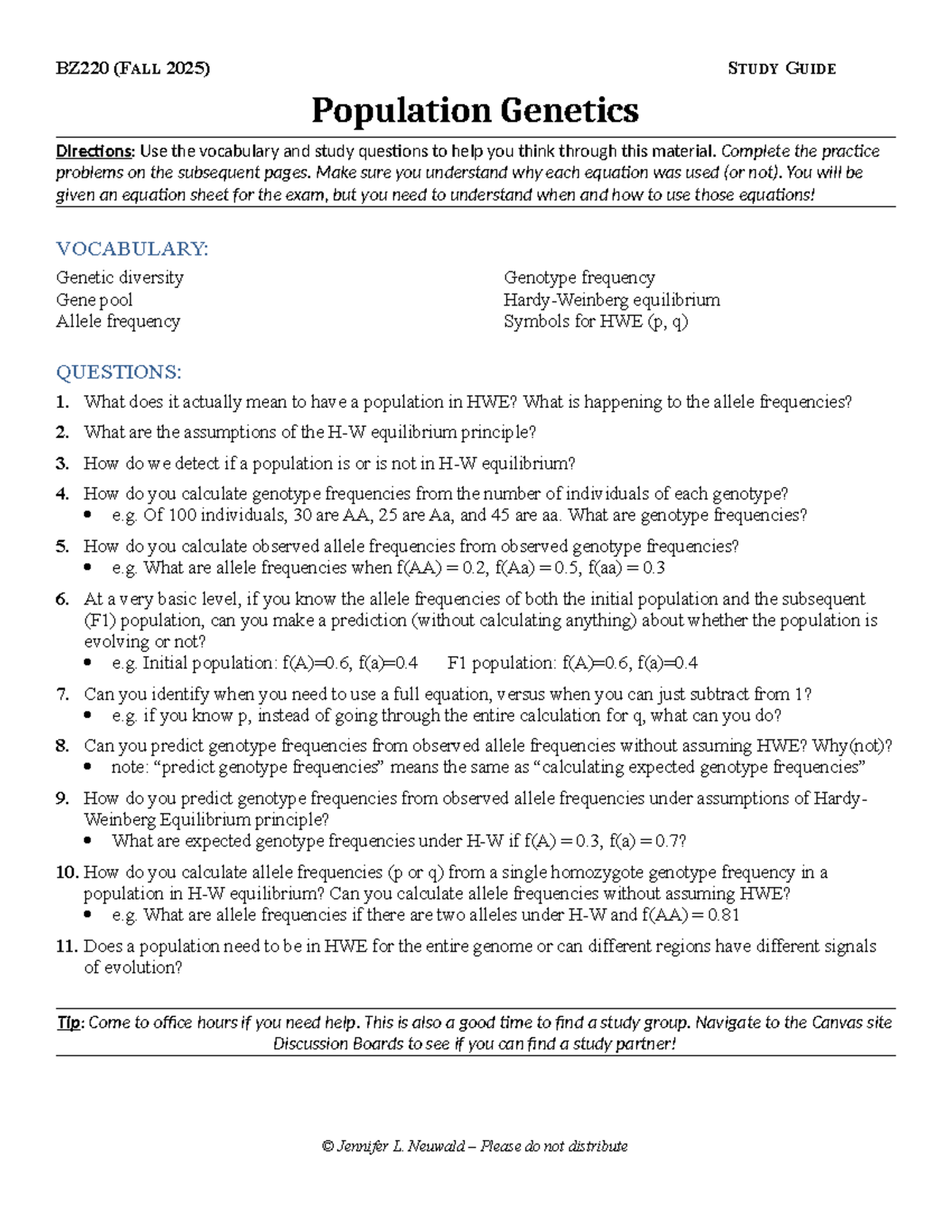 BZ220 (FALL 2025) Study Guide: Population Genetics & HWE - Studocu