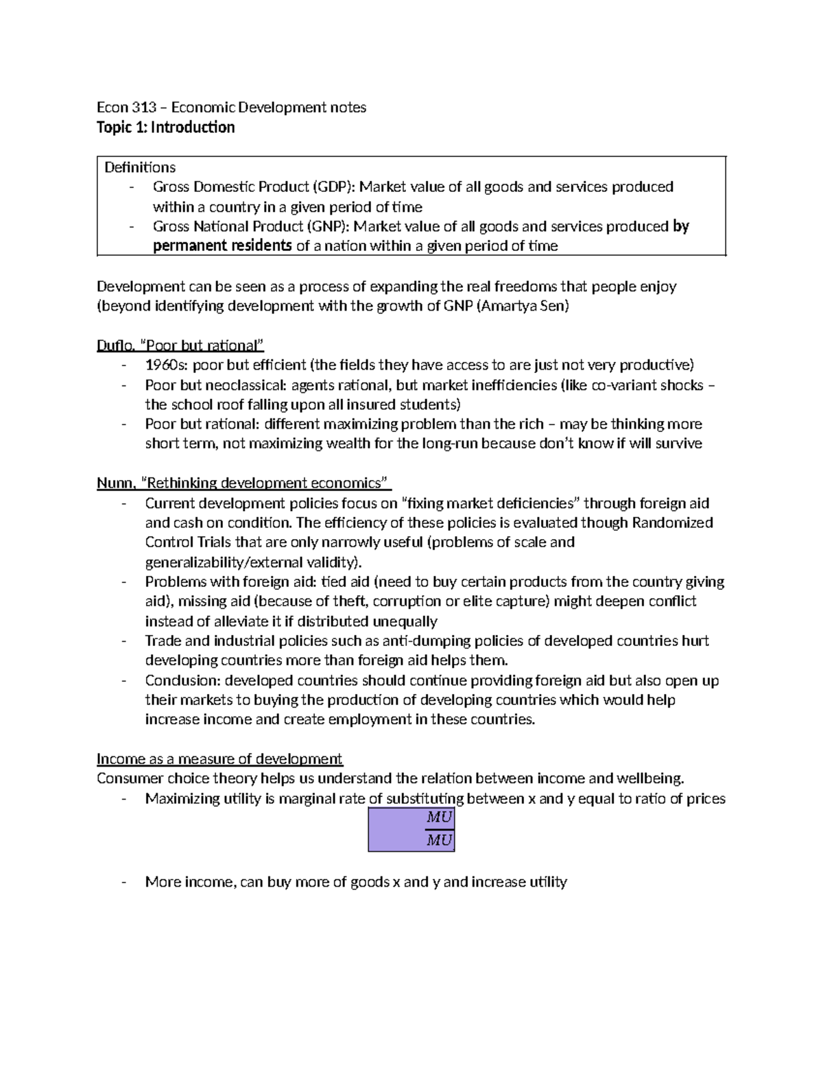 Econ 313 Final Exam Notes - Key Concepts in Economic Development - Studocu