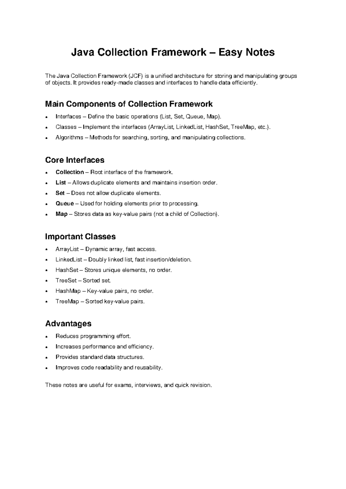 Java Collection Framework (JCF) Study Notes for Quick Revision - Studocu
