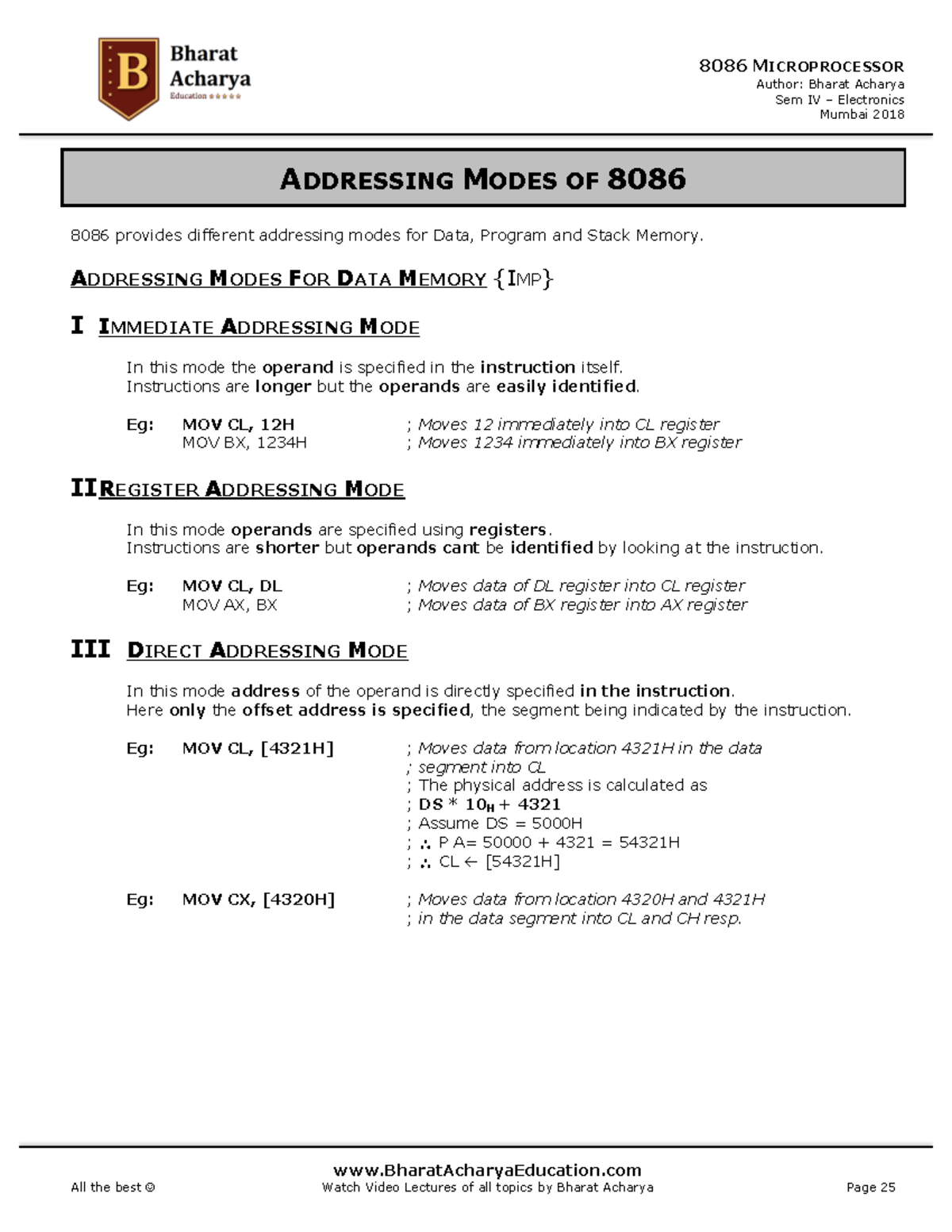 8086 Microprocessor Addressing Modes - Sem IV Electronics - Studocu