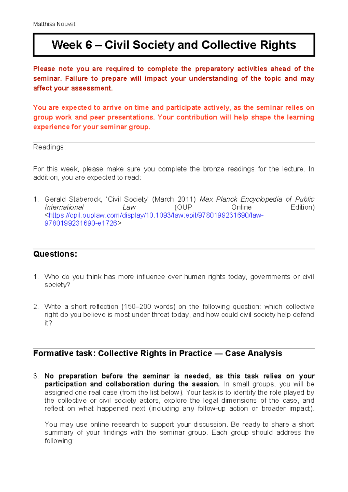 Civil Society and Collective Rights - Week 6 Seminar Prep - Studocu