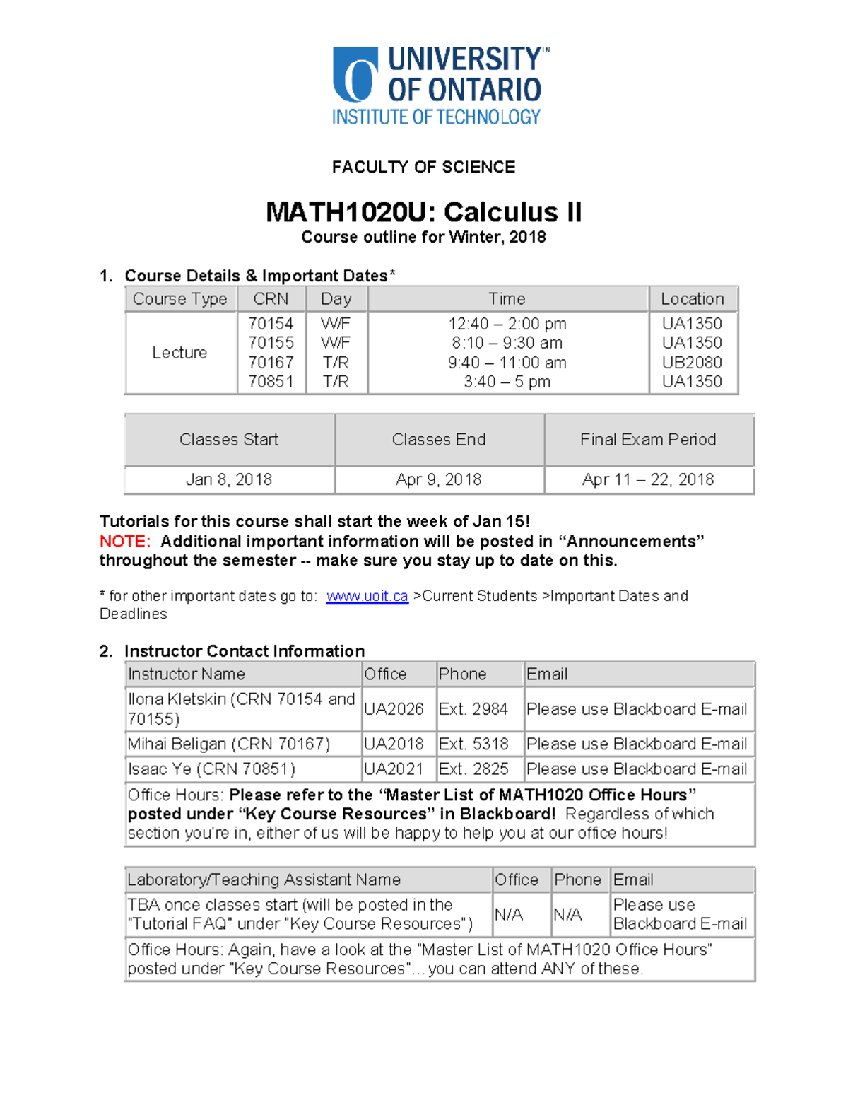 MATH1020U: Calculus II Winter 2018 Course Outline and Details - Studocu