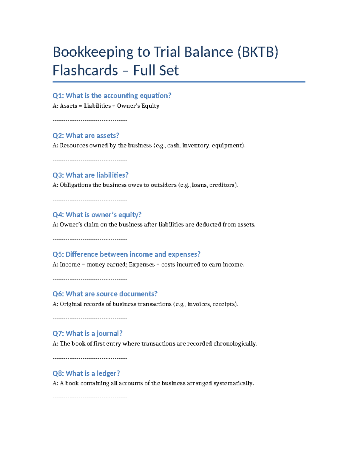 BKTB Flashcards: Key Concepts from Bookkeeping to Trial Balance - Studocu