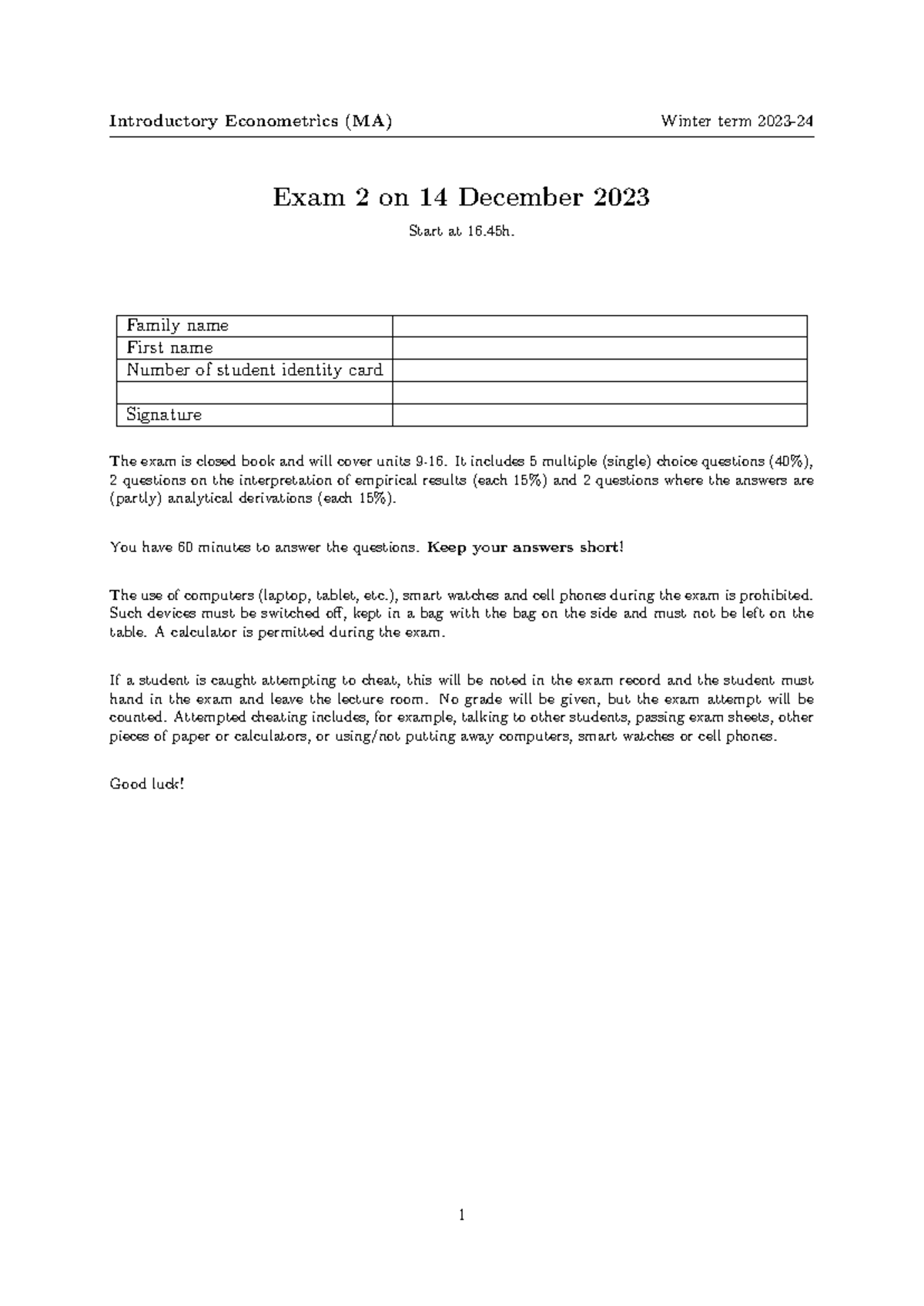 Exam Preparation for Econometrics (MA) Final Exam - Winter 2023 - Studocu
