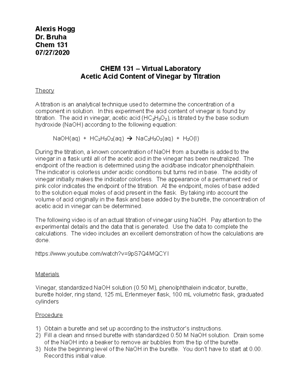 Chem 131 Final Lab Report: Acetic Acid Titration in Vinegar - Studocu