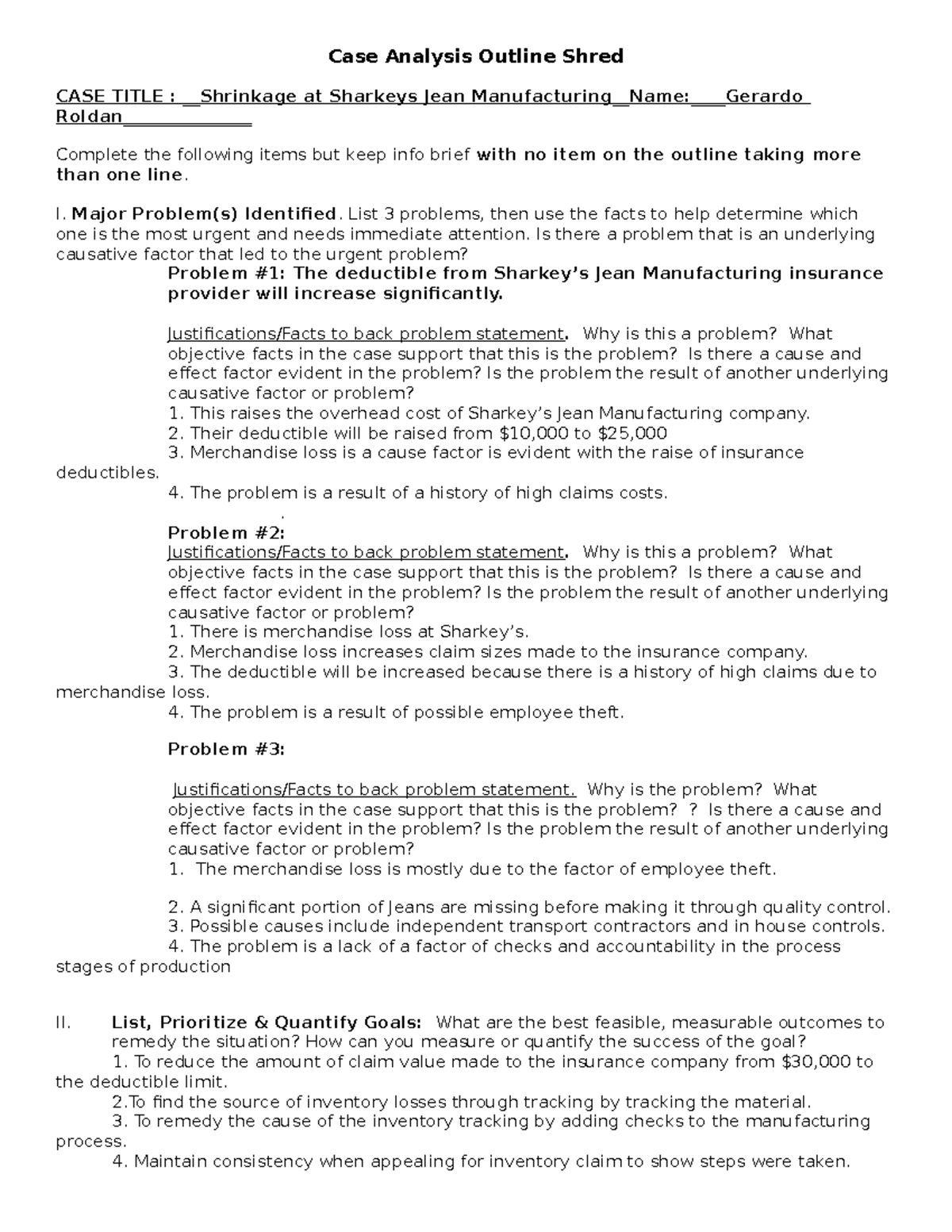 Shrinkage at Sharkeys Case Shred - Case Analysis Outline Shred CASE ...