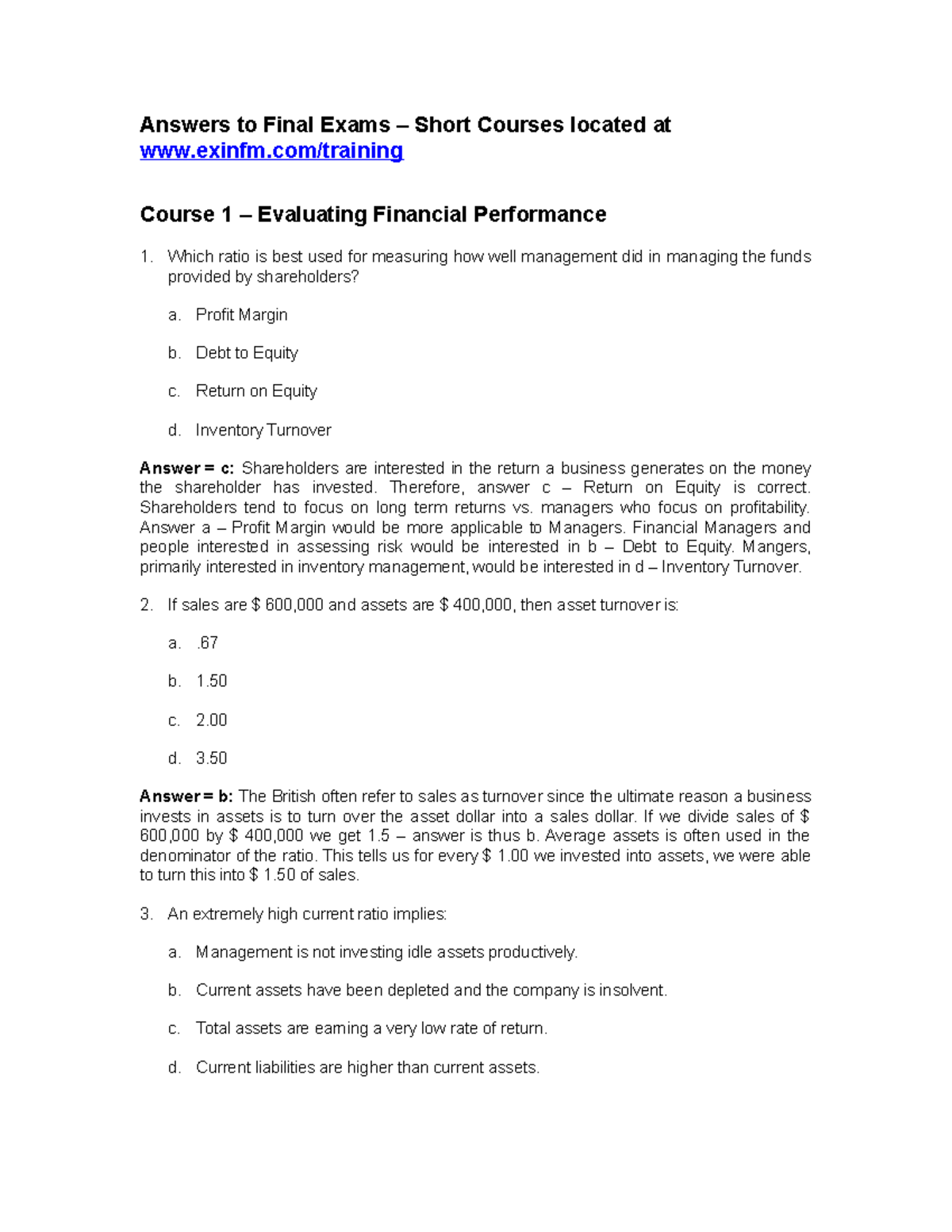 Final Exam Answers Summary for Courses 1-6: Key Financial Concepts ...