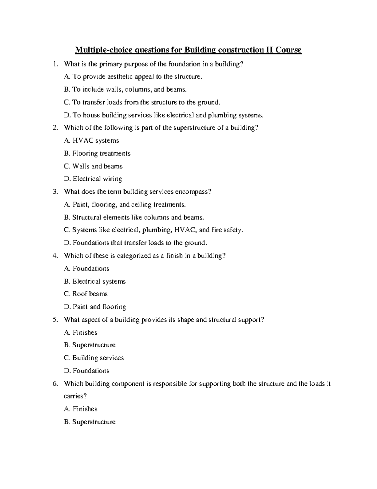 Building Construction II Course: Multiple Choice Questions Review - Studocu