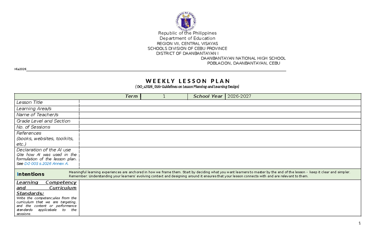 Weekly Lesson Plan Template (ILAW) for Term 1 - Daanbantayan National ...