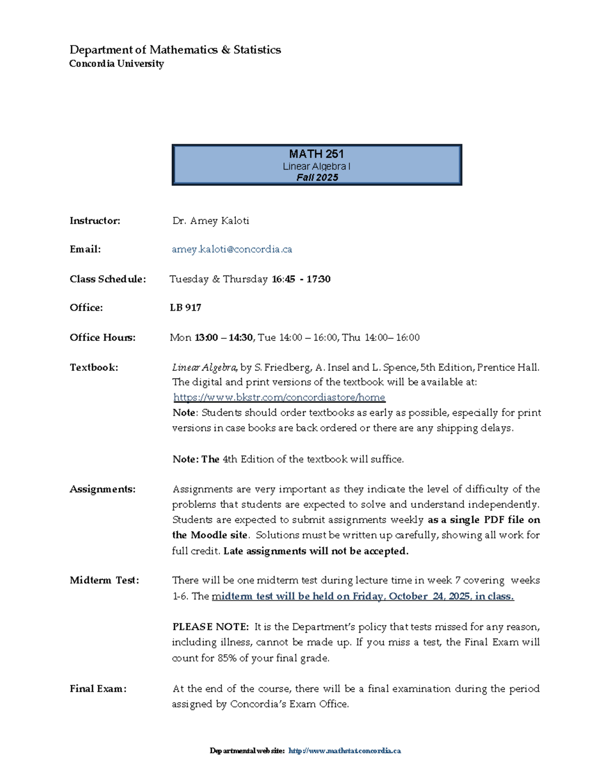MATH 251 C - Linear Algebra I Course Outline Fall 2025 - Studocu